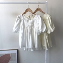 러블리 레이스 자수 스퀘어 넥 A라인 퍼프 반팔 블라우스 2컬러