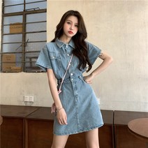 청슈트 데님오버롤 카라 반팔 a라인 데님 원피스