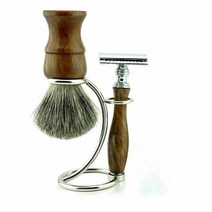 우든 나무 Clean Shave 세트 페이스 Lathe링 쉐이빙 면도 브러시 대나무 Razor 파우치 스탠드, 3 Piece Kit Set