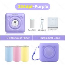 핸드폰사진인화기 사진출력기Peripage A6 감열식 미니 포켓 프린터 203 304dpi 라벨 사진 스티커 퍼플, 07 Add 3Rolls-B 1Case