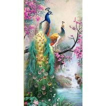 폭포와 공작새부부 보석십자수 비즈 공예 도안, 01.45X70