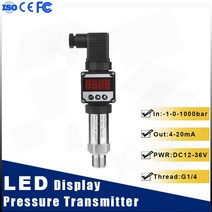 공구 LED 디스플레이 압력 송신기 G1/4 스레드 4-20mA 출력 공기 수압 오일 유압 센서 DC24V, [12] 0-100bar, [02] G1-2, 12 0-100bar_02 G1-2