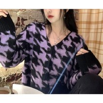 하운드체크 가디건 하운드투스 스웨터 여성 보라 차단 루즈핏 니트 코트