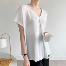 브이넥 맞주름 캡소매 쉬폰 오피스 블라우스 하늘하늘