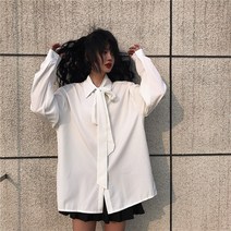 인스타 루즈핏 솔리드 보타이 셔츠 심플 남녀 셔츠 커플룩