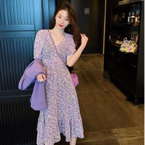 빅사이즈플라워원피스 봄 여름 연보라색 쉬폰 브이넥 꽃무늬 원피스