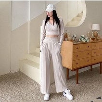 퍼니걸스 6228 크롭 랩 후드 밴딩 와이드 트레이닝 팬츠 세트 여성의류