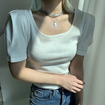 1+1 스퀘어넥 어깨퍼프 벌룬 소매 골지 반팔티
