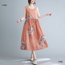 중년 여성 민소매 허리조절 플라워 루즈핏 롱원피스