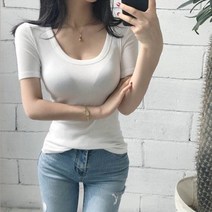 [레티고] 딥 라운드 U넥 슬림 반팔 티셔츠
