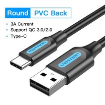 Vention-USB C타입 고속 충전 케이블 데이터 와이어 삼성 S21 샤오미 레드미 노트 8 3A USB C 충전기 cC타입abo, CHINA_PVC Shell Black | 3m
