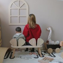 유치원 아이방 유아 어린이 테이블+의자 세트 원목 책상 원형, 더블 윙 체어 로그 컬러 스팟