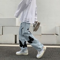 남자 명품 청바지 2021 나비 프린트 청바지 남성용 바지 느슨한 헐렁한 청바지 캐주얼 데님 바지 스트레치 스트레이트 패션 바지 여성 의류