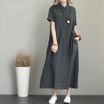 일본 스타일 린넨 포켓 원피스 캐주얼 빈티지 반팔 오버핏 롱원피스