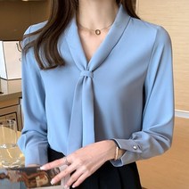 긴 소매 쉬폰 블라우스 셔츠 블라우스 여성 보우 v넥 오레이디 탑