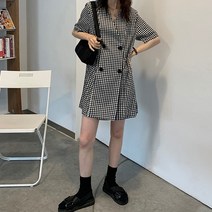 [150대키작녀] 원더 반팔 체크 원피스스타일 미니 점프수트