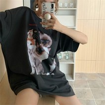 [코지] 여자 어드벤처 고양이 사진 프린팅 캐주얼 반팔티