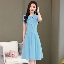 예복원피스 아나운서 빅사이즈 우아한 한국 무릎 길이 프릴 보우 쉬폰 드레스 여성용 캐주얼 반팔 2022 여