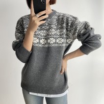 뜨개진 여성용 울 눈꽃 자카드 유키 라운드 니트
