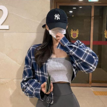 글램공식 여성 간절기 체크무늬 크롭 긴팔 셔츠