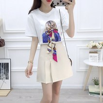 새로운 여름 패션 여성 드레스 한국 버전의 느슨한 활 반팔 티셔츠 높은 허리 A 자형 스커트 투피스 세트와이드 리본