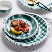 북유럽 모던하우스 그린 체크 격자 무늬 세라믹 그릇 접시 식기 모음, C.6인치 면기개