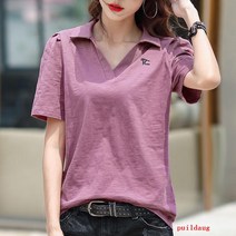 코튼 티셔츠 여성용 반팔 여름 느슨한 자수 티셔츠 칼라 반소매 단색 티셔츠