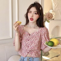 여름 프렌치 플라워 블라우스 상의 여 슬림해 보이는 반팔 셔츠 여