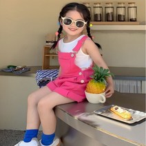 [랑구랑구] 여아 멜빵바지 코디세트 아기 키즈 여자아이 핑크 멜빵반바지 민소매티 상하복