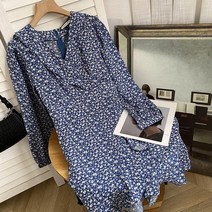 환절기 브이넥 화사한 빅사이즈 봄가을 여행 스타일리시 롱 플라워 원피스 스커트 루즈핏