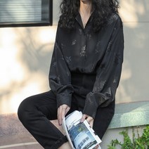 몬드스팟 빈티지 광택 꽃무늬 셔츠 블라우스 블랙 XL DM195_8