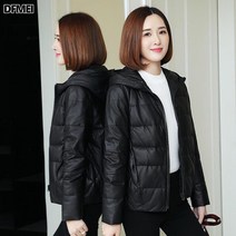 DFMEI 추동 가죽 코트 도톰한 패딩 여 숏 상의 후드 점퍼 집업 코튼 빅사이즈 코트 상의 여