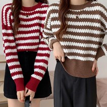 옷자락 여자 물결 배색 단가라 가오리핏 라운드 가을티 니트