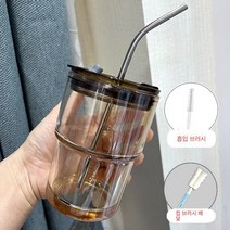CAICHEN 빨대와 뚜껑이 달린 커피잔 우유잔 유리잔, 450ml, 밝은 갈색 컵 뚜껑 스테인리스빨대 컵솔과 빨대솔