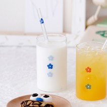 레트로유리컵 빨대세트 꽃무늬 유리컵 300ml, 블루