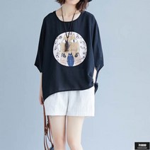 가바바 여성 오버핏 반팔티 나만 없는 고양이가 네마리 시원한 쉬폰 반팔티셔츠 G61595