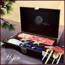 H.jin 나전칠기 쌍학 티타늄 금수저세트 (2인용 1세트) 부부 숟가락 2p + 젓가락 2p + 수저받침 2p + 비단주머니 2p + 자개 보석함 케이스, 1세트