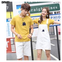 DFMEI 커플룩 여름 캐릭터 남녀 반팔 티셔츠 멜빵 스커트 세트