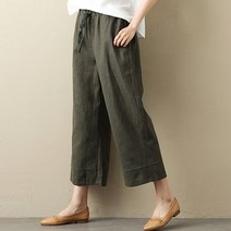 여자 여름 가을 면 린넨 마바지 빅사이즈 와이드 카키 8부 배기팬츠 통바지 팬츠 바지