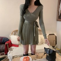 마쿠쿠 주름 랩st 브이넥 긴팔 여성 미니 A라인 플리츠 미니 니트 원피스