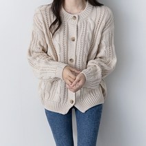 바이단미 여성용 니트 라운드넥 스웨터 벌룬 꽈배기 가디건