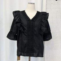 썸머 퍼프 레이스 반팔 블라우스