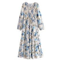 휴양지원피스 예쁜원피스 Boho-우아한 블루 프린트 리조트 빈티지 맥시 드레스 웨딩 루즈 캐주얼 히피 비