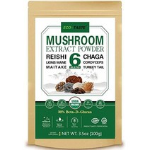 ECO-TASTE 6 혼합 버섯 추출물 분말 100g 베타-D-글루칸 30% USDA 유기농 사자 갈기 영지버섯 동충하초 차가버섯 칠면조 꼬리 잎새버섯 진짜 자실체, 3.52 온스(1팩)