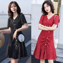 HQINT 도트 셔링 미디 원피스 반팔원피스 셔링원피스 데일리룩