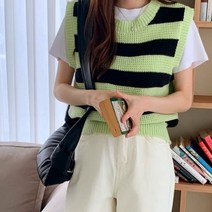 바보사랑 여성 하크 투톤 스트라이프 라운드넥 니트 조끼.디작소