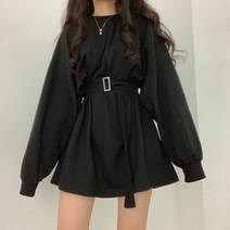긴 드레스 솔리드 하라주쿠 레트로 하이 웨이스트 캐주얼 스트리트 새시 슬림 한국 스타일 아늑한 a 라인