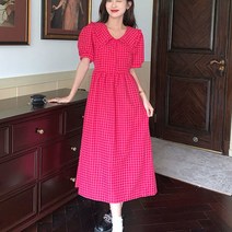 브이넥 체크 핑크 벌룬 원피스입니다