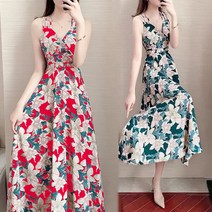 녕동 여름 여성의류 여성 잔꽃 무늬 롱 원피스 빅사이즈 쉬폰 멜빵 스커트 +사은품