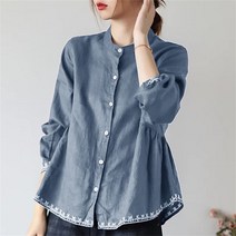 여성용 면 마 차이나넥 베이비돌 셔츠 A라인 블라우스 빅사이즈 C22082505